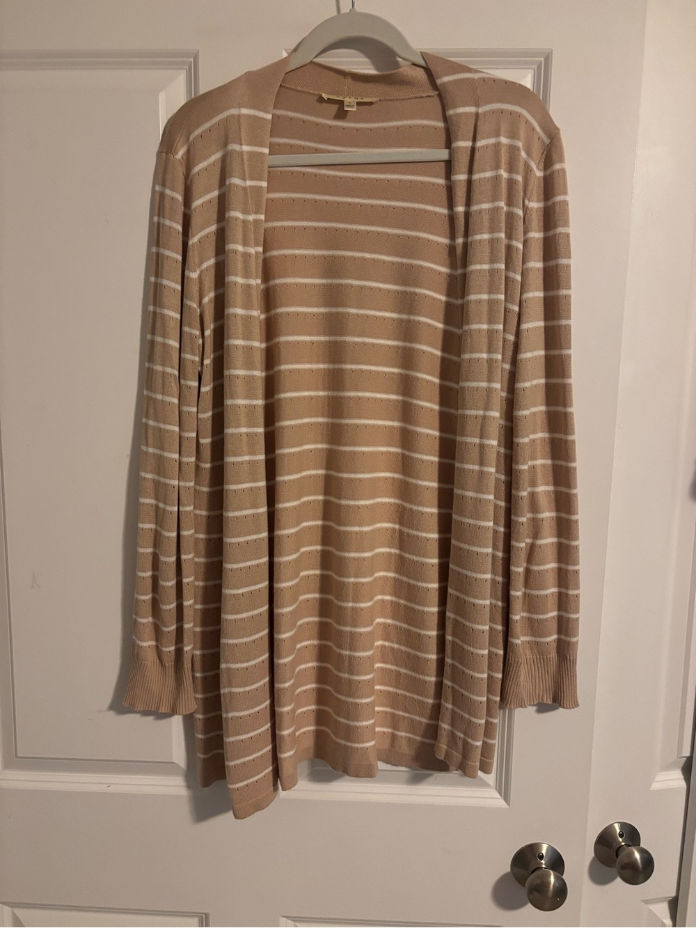 Cyrus Beige and White Striped Open-Front Cardigan
